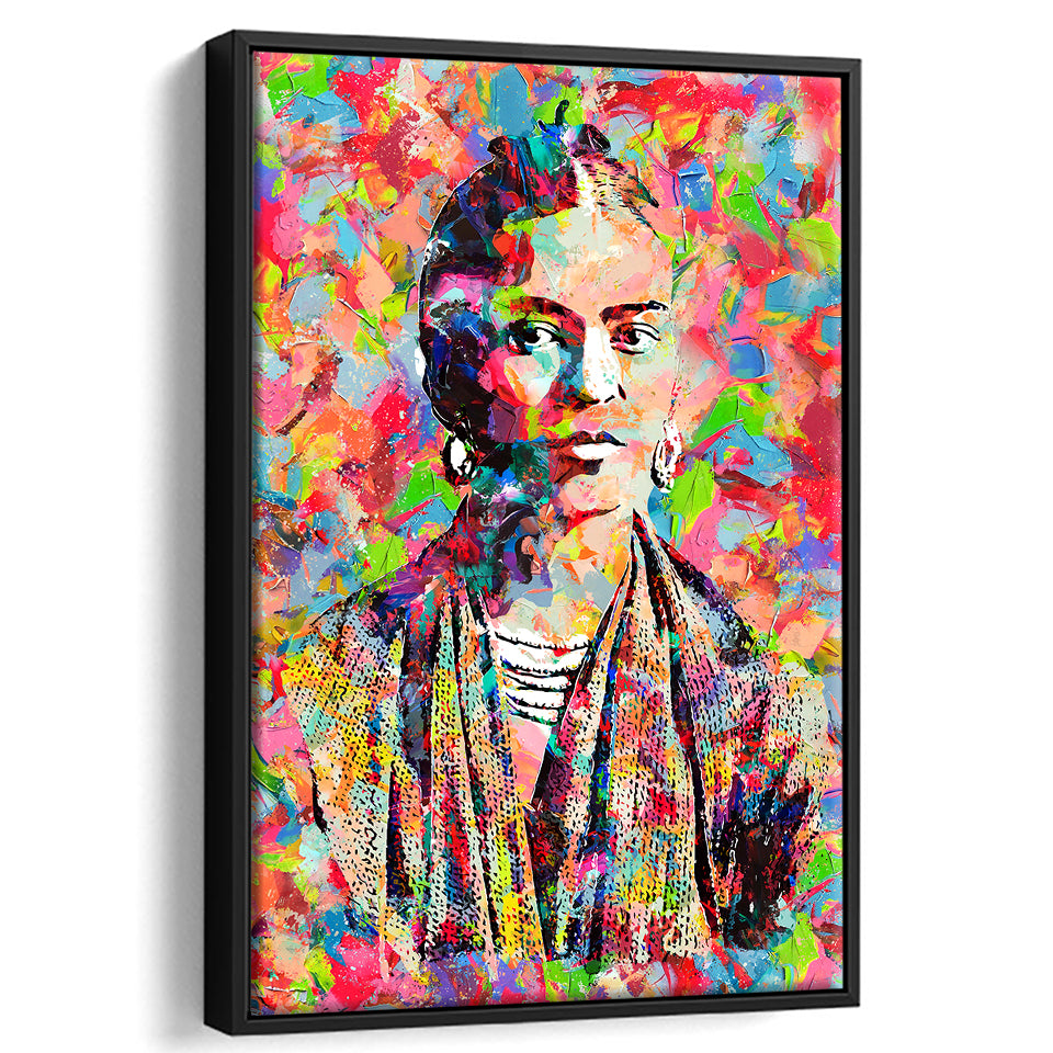 Frida Kahlo Portrait Abstract Colorful Framed Canvas Prints Wall Art Home Decor - Painting Canvas,Black Frame, Ready to hang