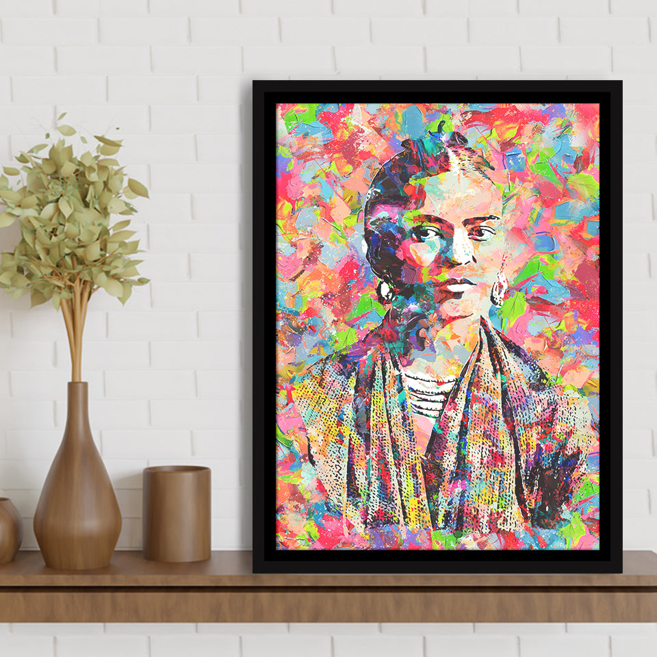 Frida Kahlo Portrait Abstract Colorful Framed Canvas Prints Wall Art Home Decor - Painting Canvas,Black Frame, Ready to hang