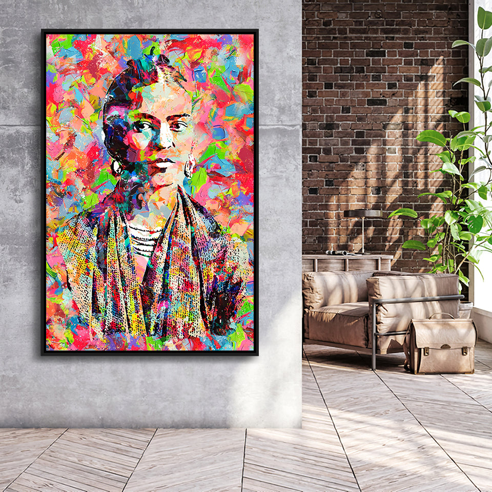Frida Kahlo Portrait Abstract Colorful Framed Canvas Prints Wall Art Home Decor - Painting Canvas,Black Frame, Ready to hang