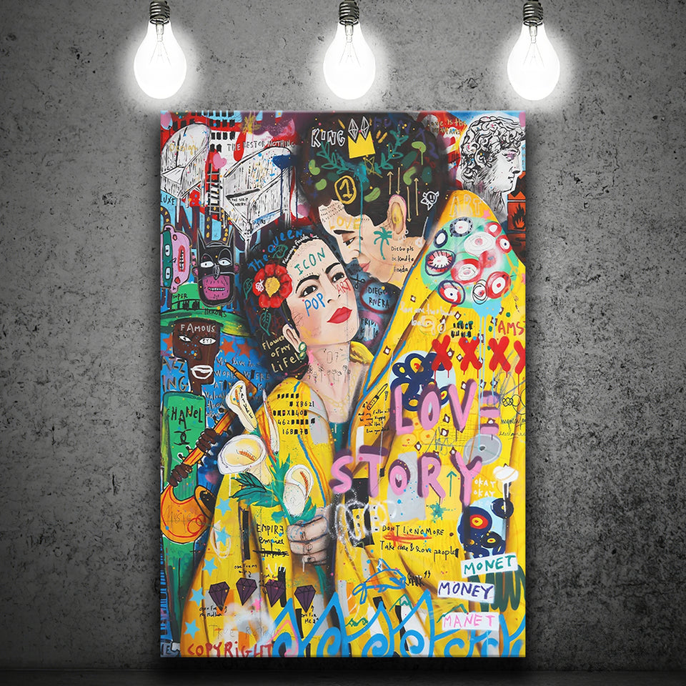 Frida And Diego Grafiti Street Art Banksy Style, Canvas Prints Wall Art Home Decor, Ready to Hang