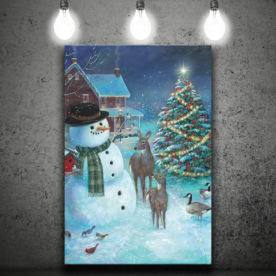 Frosty and Friends in the night christmas Canvas Xmas Prints Wall Art - Painting Canvas, Home Wall Decor, Canvas Gift, For Sale
