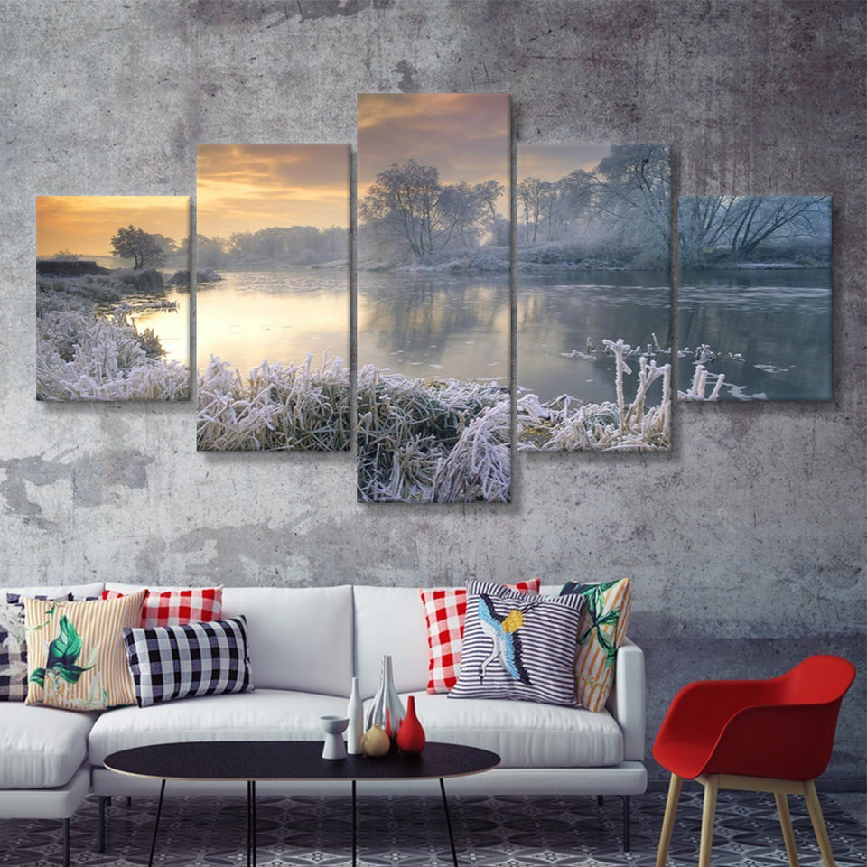 Frosty River W Winter Forest Trees  5 Pieces Canvas Prints Wall Art - Painting Canvas, Multi Panels, 5 Panel, Wall Decor