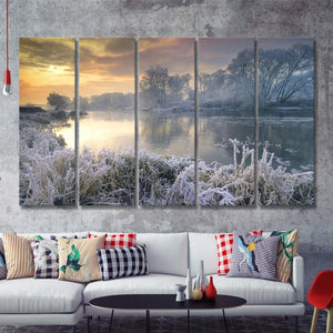 Frosty River W Winter Forest Trees 5 Pieces B Canvas Prints Wall Art - Painting Canvas, Multi Panels,5 Panel, Wall Decor