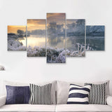Frosty River W Winter Forest Trees  5 Pieces Canvas Prints Wall Art - Painting Canvas, Multi Panels, 5 Panel, Wall Decor