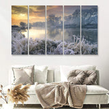 Frosty River W Winter Forest Trees 5 Pieces B Canvas Prints Wall Art - Painting Canvas, Multi Panels,5 Panel, Wall Decor