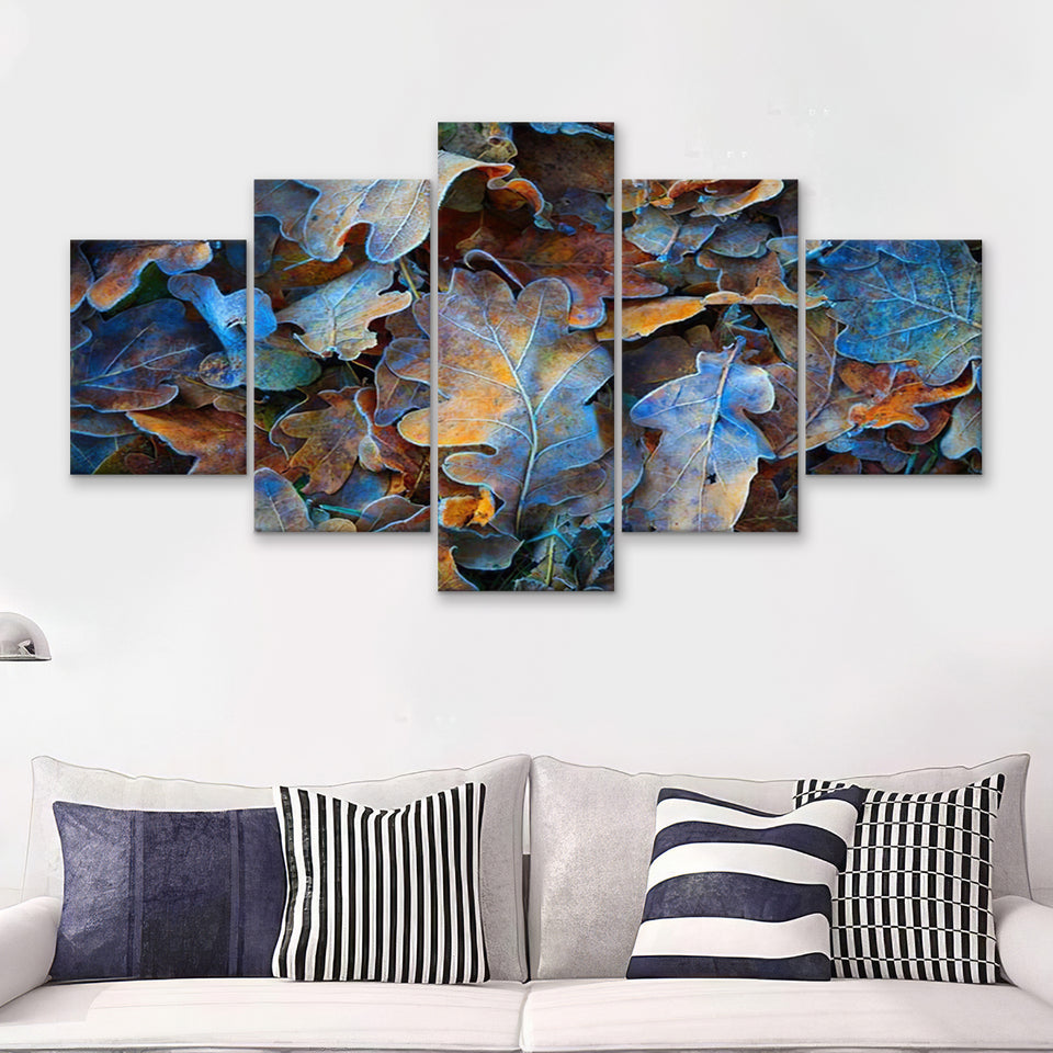 Frozen Oak Leafs 5 Pieces Canvas Prints Wall Art - Painting Canvas, Multi Panels, Wall Decor