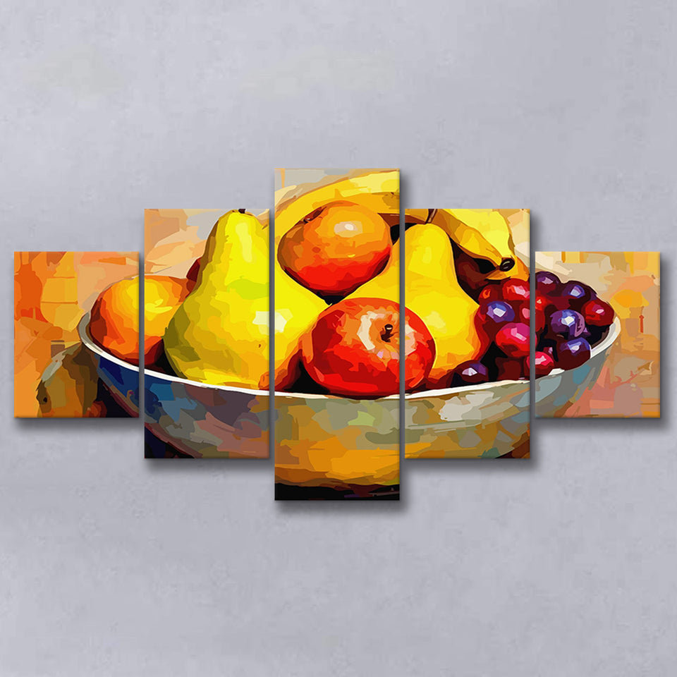 Fruit Bowl Wall Art, Colorful Fruit Bowl Canvas, Kitchen Art, 5 Panel Canvas Prints Wall Art,Mixed Canvas, Large Canvas