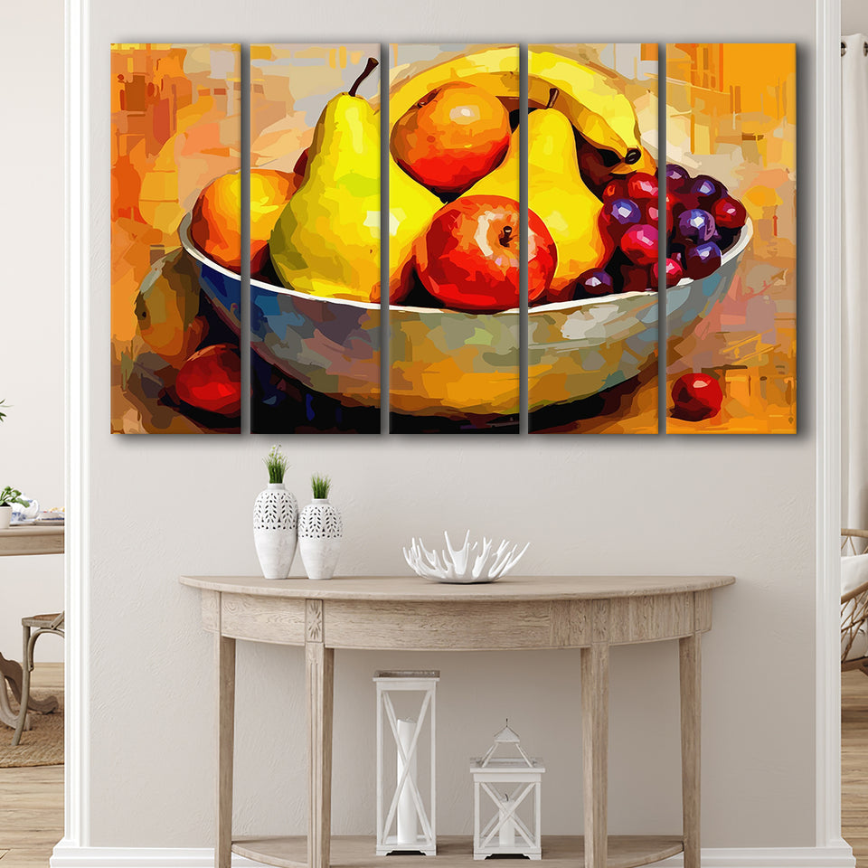 Fruit Bowl Wall Art, Colorful Fruit Bowl Canvas, Kitchen Art, 5 Panel B Canvas Prints Wall Art, Extra Large Canvas Decor