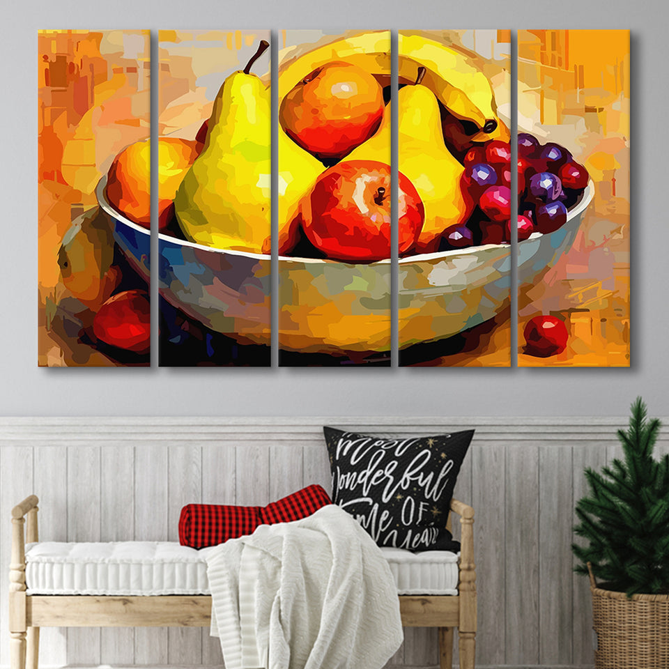 Fruit Bowl Wall Art, Colorful Fruit Bowl Canvas, Kitchen Art, 5 Panel B Canvas Prints Wall Art, Extra Large Canvas Decor