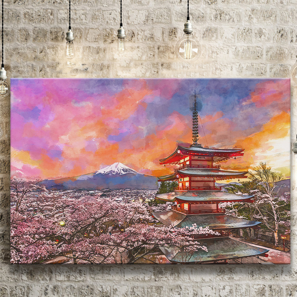 Fujiyoshida Japan Chureito Pagoda Mt Fuji City Art Watercolor Canvas Prints Wall Art Home Decor, Large Canvas