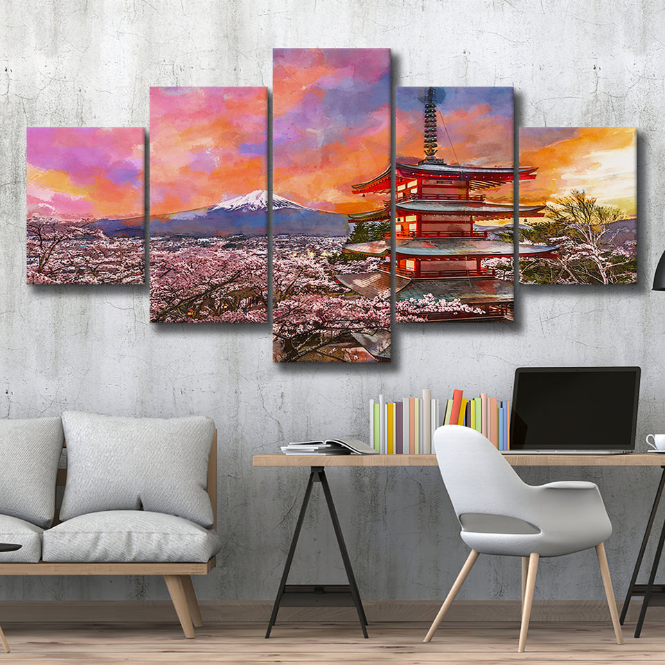 Fujiyoshida Japan Chureito Pagoda Mt Fuji 5 Pieces Mixed Canvas Prints Wall Art Home Decor