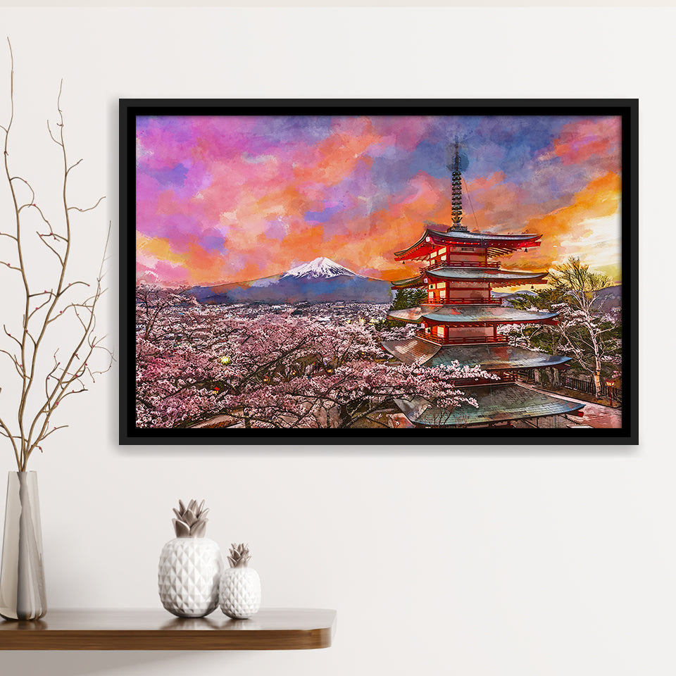 Fujiyoshida Japan Chureito Pagoda Mt Fuji City Art Watercolor Framed Canvas Prints Wall Art Home Decor,Floating Frame