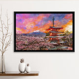 Fujiyoshida Japan Chureito Pagoda Mt Fuji City Art Watercolor Framed Canvas Prints Wall Art Home Decor,Floating Frame