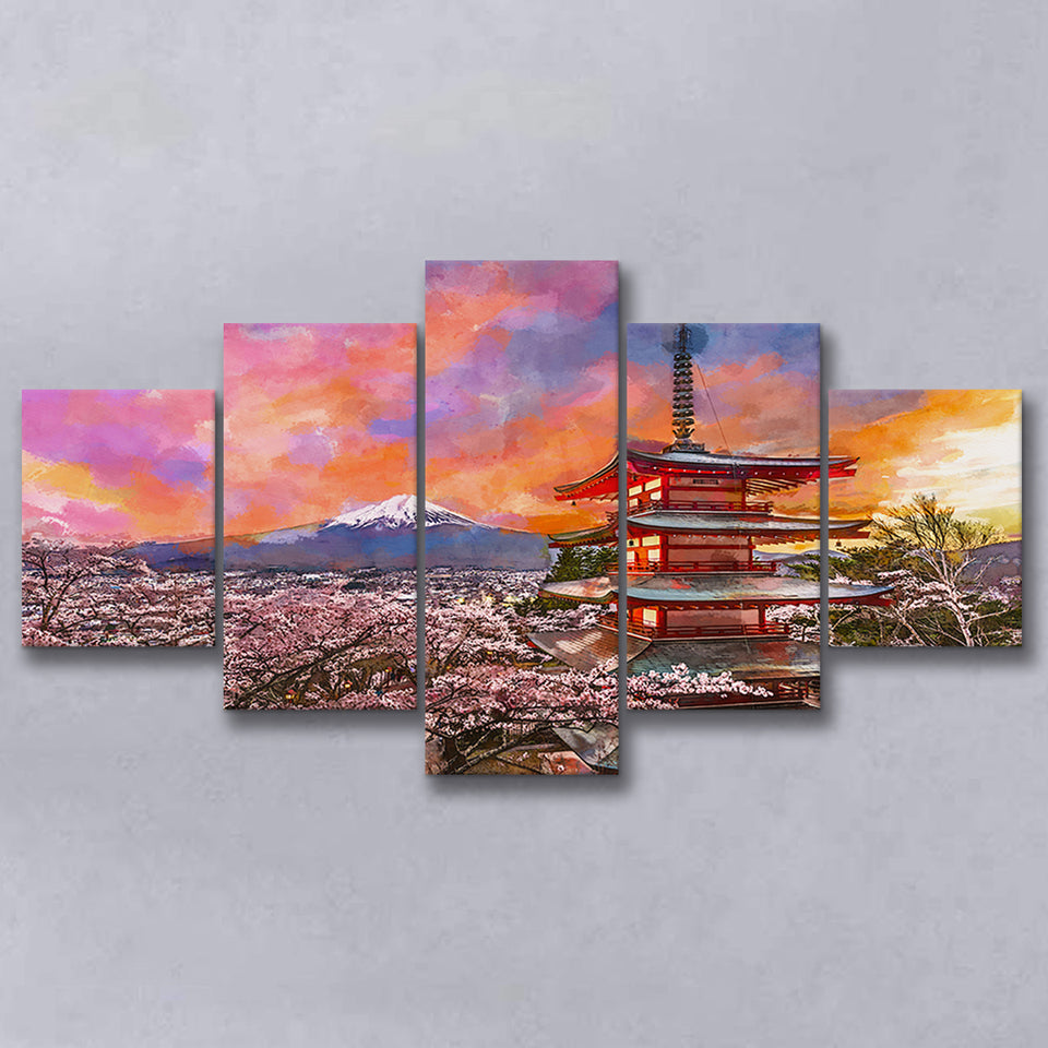 Fujiyoshida Japan Chureito Pagoda Mt Fuji 5 Pieces Mixed Canvas Prints Wall Art Home Decor