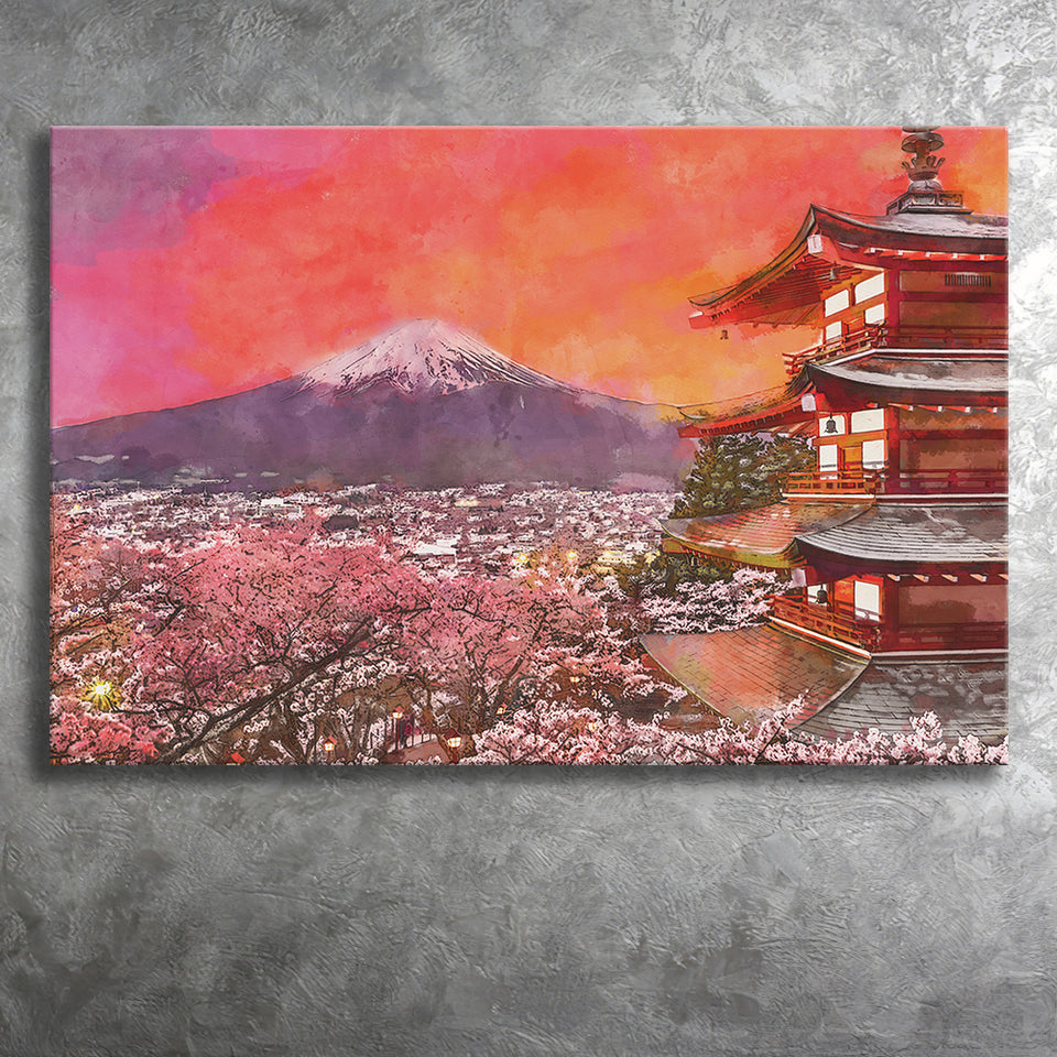 Fujiyoshida Japan Chureito Pagoda Mt Fuji 2 City Art Watercolor Canvas Prints Wall Art Home Decor, Large Canvas