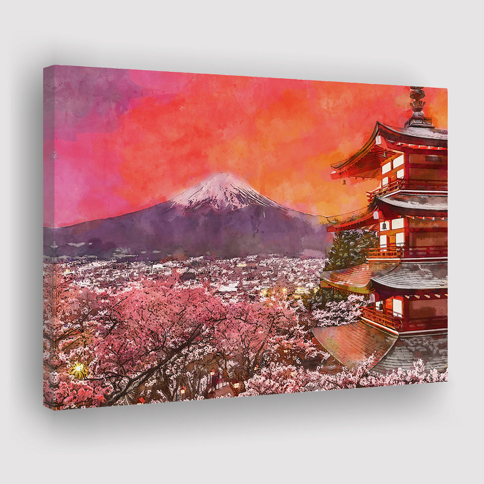 Fujiyoshida Japan Chureito Pagoda Mt Fuji 2 City Art Watercolor Canvas Prints Wall Art Home Decor, Large Canvas