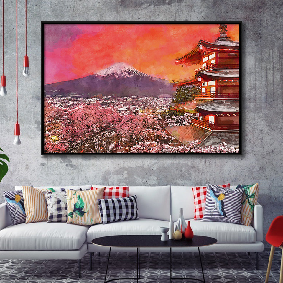 Fujiyoshida Japan Chureito Pagoda Mt Fuji 2 City Art Watercolor Framed Canvas Prints Wall Art Home Decor,Floating Frame