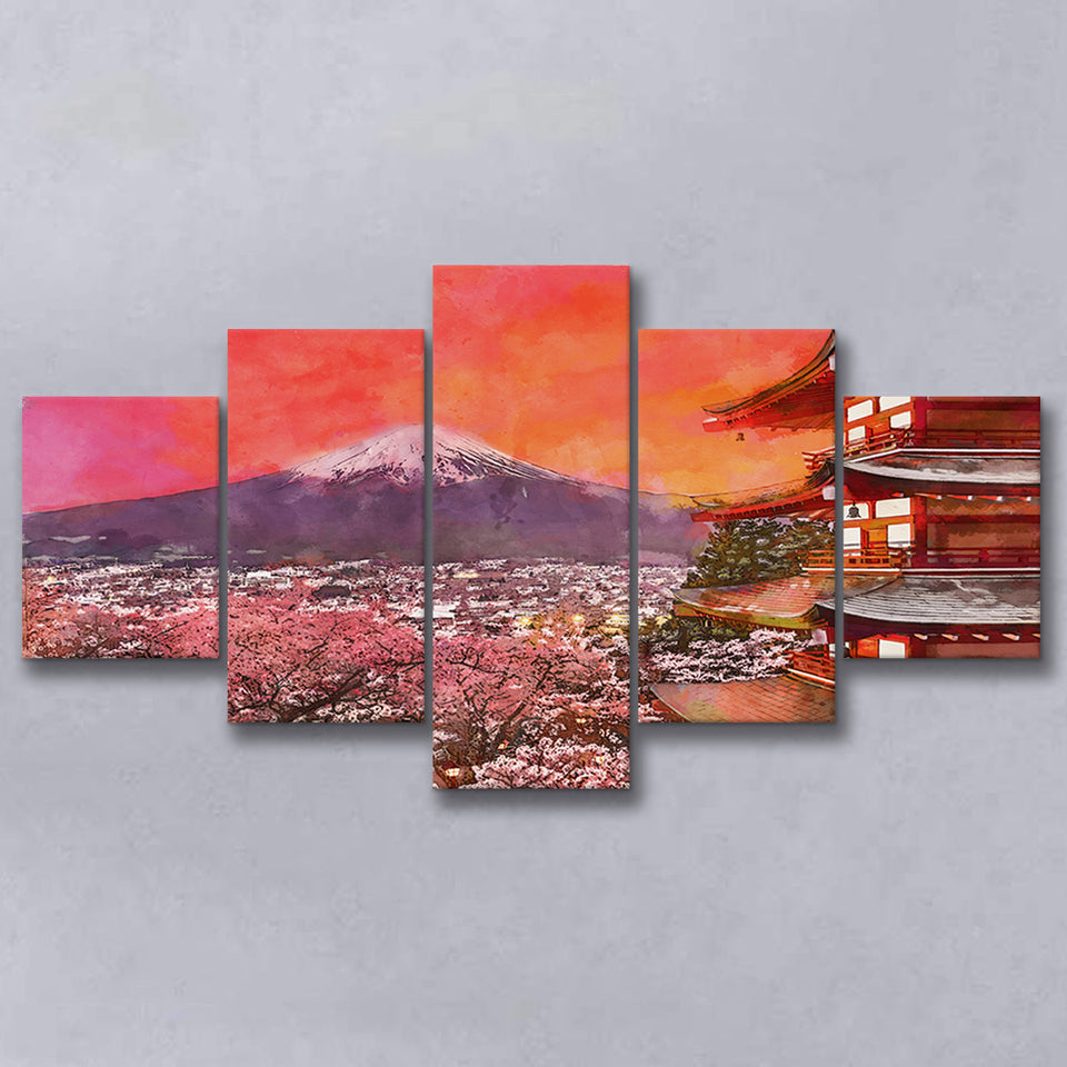 Fujiyoshida Japan Chureito Pagoda Mt Fuji 2 5 Pieces Mixed Canvas Prints Wall Art Home Decor