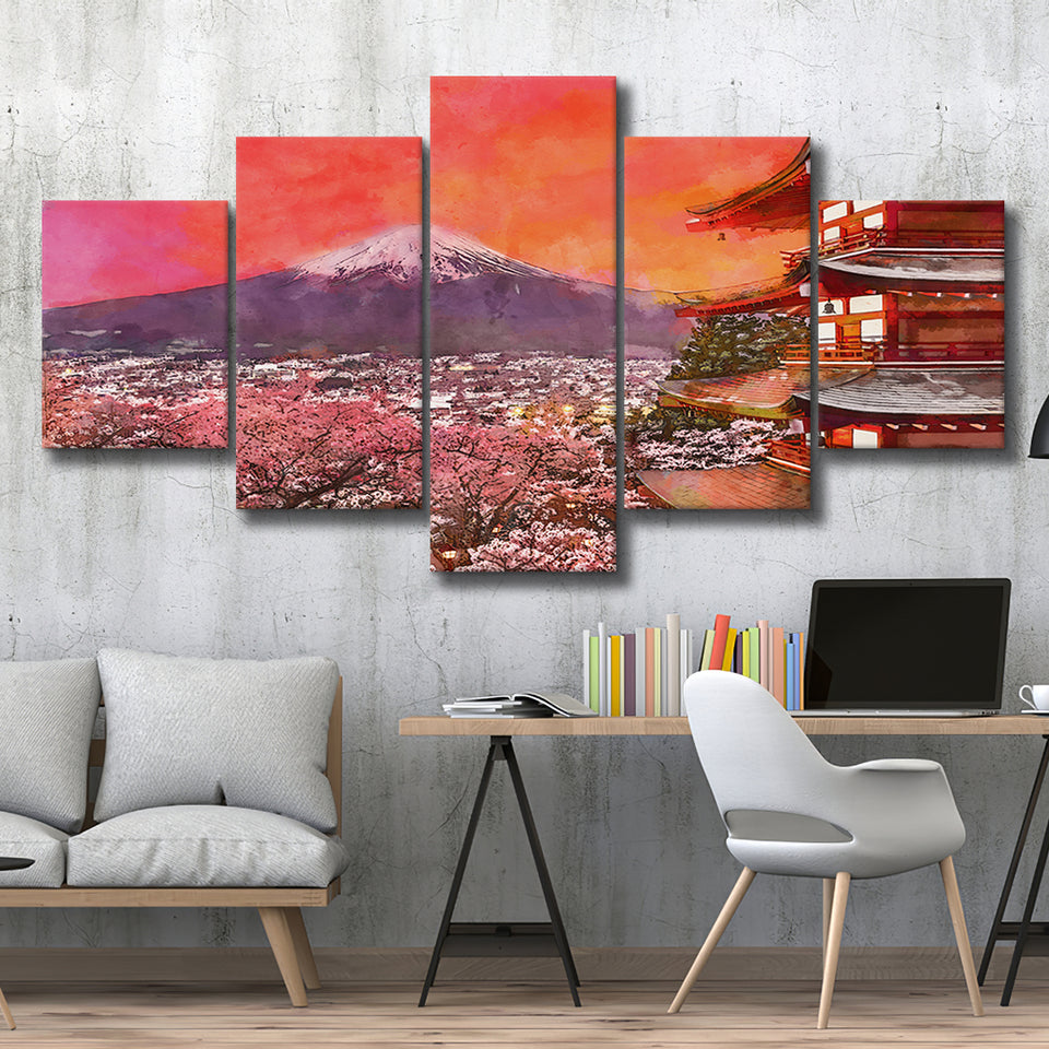 Fujiyoshida Japan Chureito Pagoda Mt Fuji 2 5 Pieces Mixed Canvas Prints Wall Art Home Decor