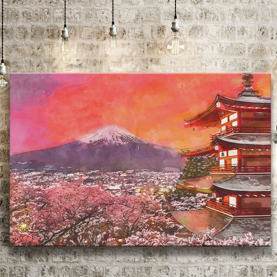 Fujiyoshida Japan Chureito Pagoda Mt Fuji 2 City Art Watercolor Canvas Prints Wall Art Home Decor, Large Canvas