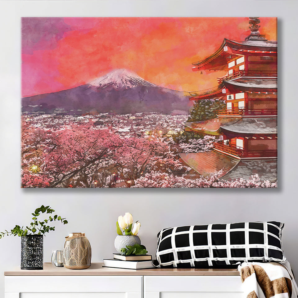 Fujiyoshida Japan Chureito Pagoda Mt Fuji 2 City Art Watercolor Canvas Prints Wall Art Home Decor, Large Canvas