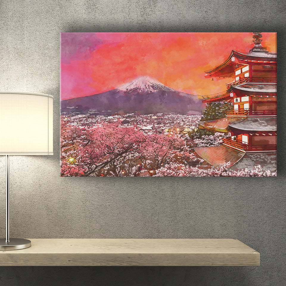 Fujiyoshida Japan Chureito Pagoda Mt Fuji 2 City Art Watercolor Canvas Prints Wall Art Home Decor, Large Canvas