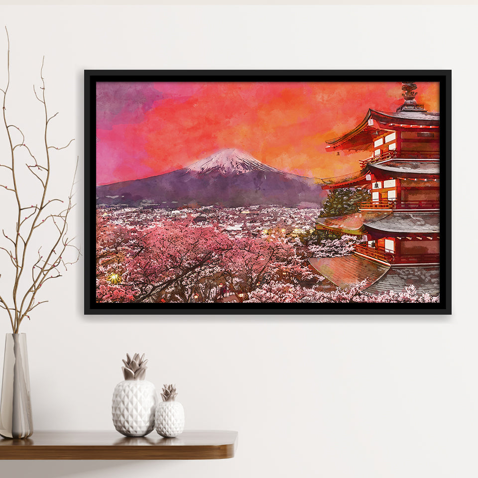 Fujiyoshida Japan Chureito Pagoda Mt Fuji 2 City Art Watercolor Framed Canvas Prints Wall Art Home Decor,Floating Frame
