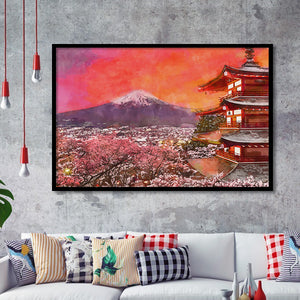 Fujiyoshida Japan Chureito Pagoda Mt Fuji 2 City Art Watercolor Framed Art Prints Wall Art Decor,Framed Picture