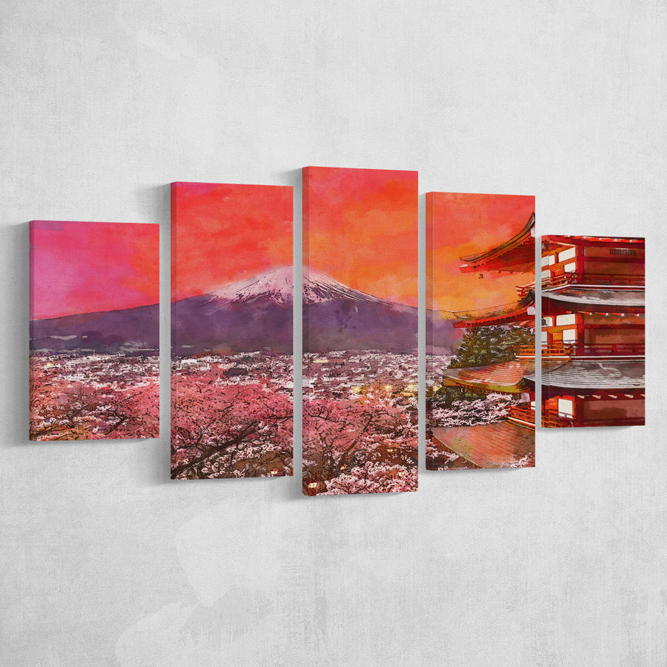 Fujiyoshida Japan Chureito Pagoda Mt Fuji 2 5 Pieces Mixed Canvas Prints Wall Art Home Decor
