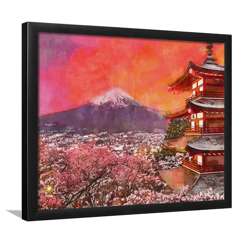 Fujiyoshida Japan Chureito Pagoda Mt Fuji 2 City Art Watercolor Framed Art Prints Wall Art Decor,Framed Picture
