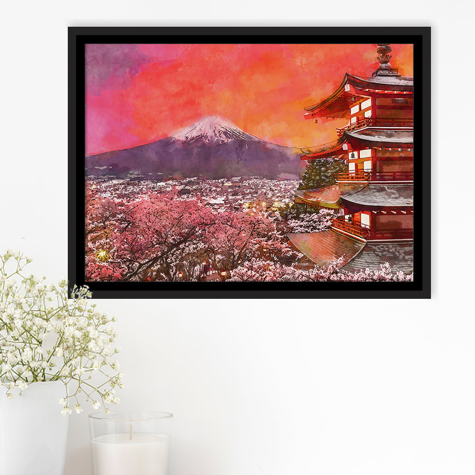 Fujiyoshida Japan Chureito Pagoda Mt Fuji 2 City Art Watercolor Framed Canvas Prints Wall Art Home Decor,Floating Frame