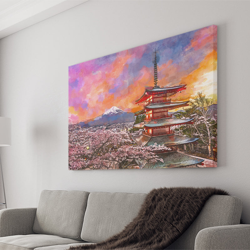 Fujiyoshida Japan Chureito Pagoda Mt Fuji City Art Watercolor Canvas Prints Wall Art Home Decor, Large Canvas