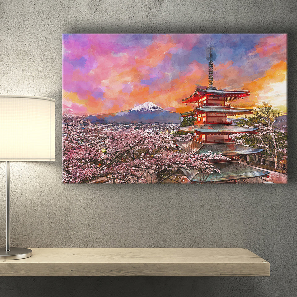 Fujiyoshida Japan Chureito Pagoda Mt Fuji City Art Watercolor Canvas Prints Wall Art Home Decor, Large Canvas