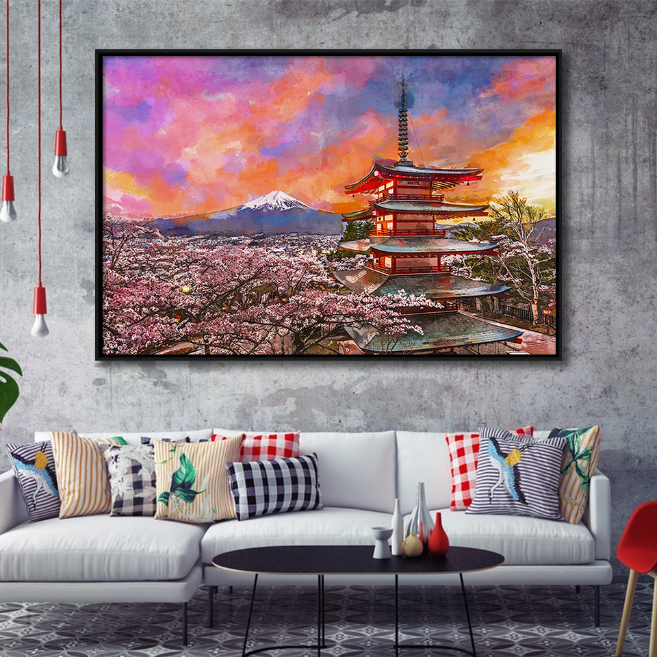 Fujiyoshida Japan Chureito Pagoda Mt Fuji City Art Watercolor Framed Canvas Prints Wall Art Home Decor,Floating Frame