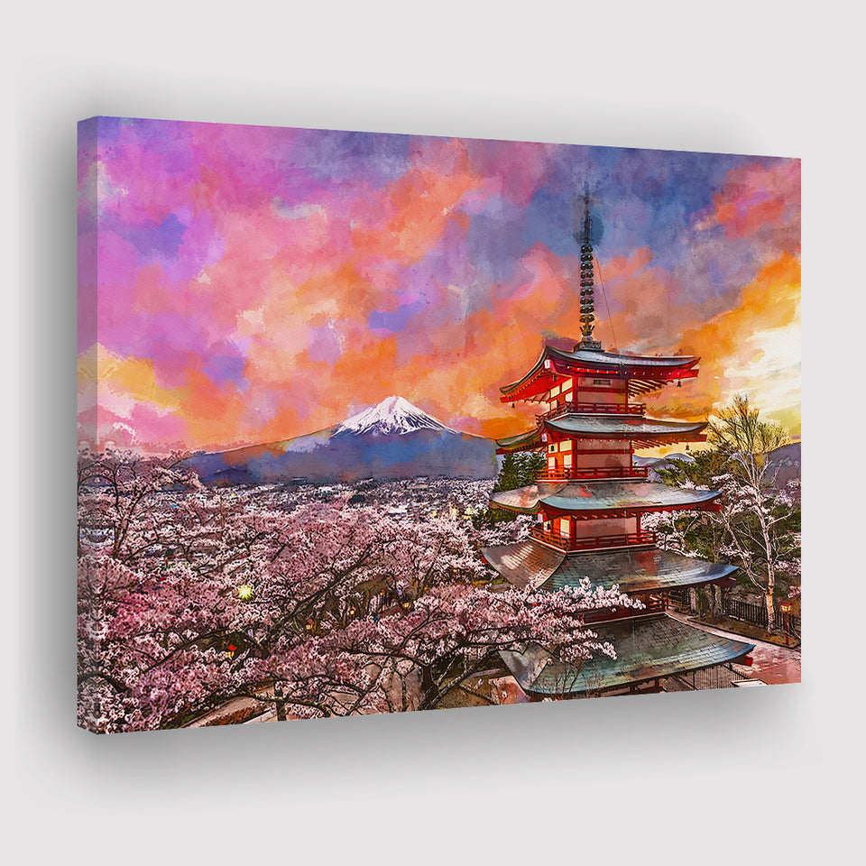 Fujiyoshida Japan Chureito Pagoda Mt Fuji City Art Watercolor Canvas Prints Wall Art Home Decor, Large Canvas