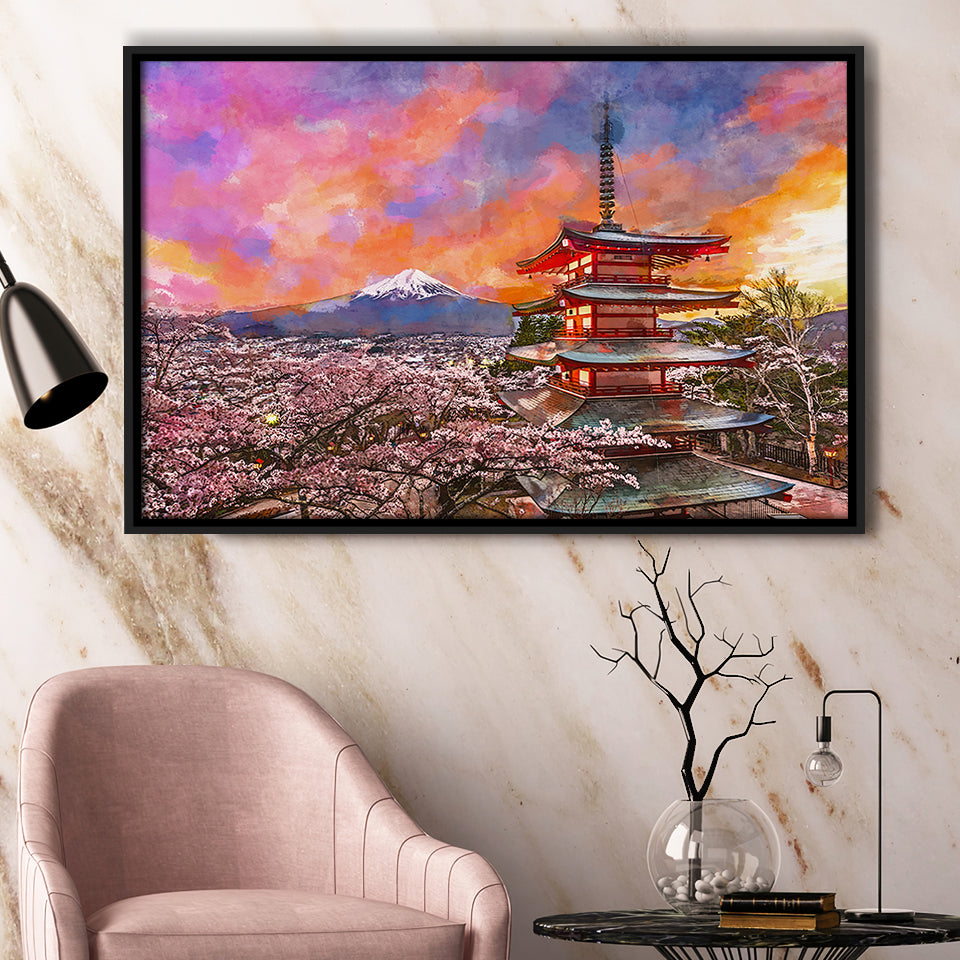 Fujiyoshida Japan Chureito Pagoda Mt Fuji City Art Watercolor Framed Canvas Prints Wall Art Home Decor,Floating Frame