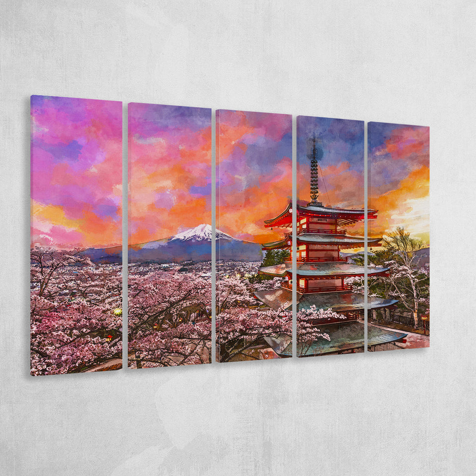 Fujiyoshida Japan Chureito Pagoda Mt Fuji 5 Pieces Extra Large Canvas Prints Wall Art Home Decor