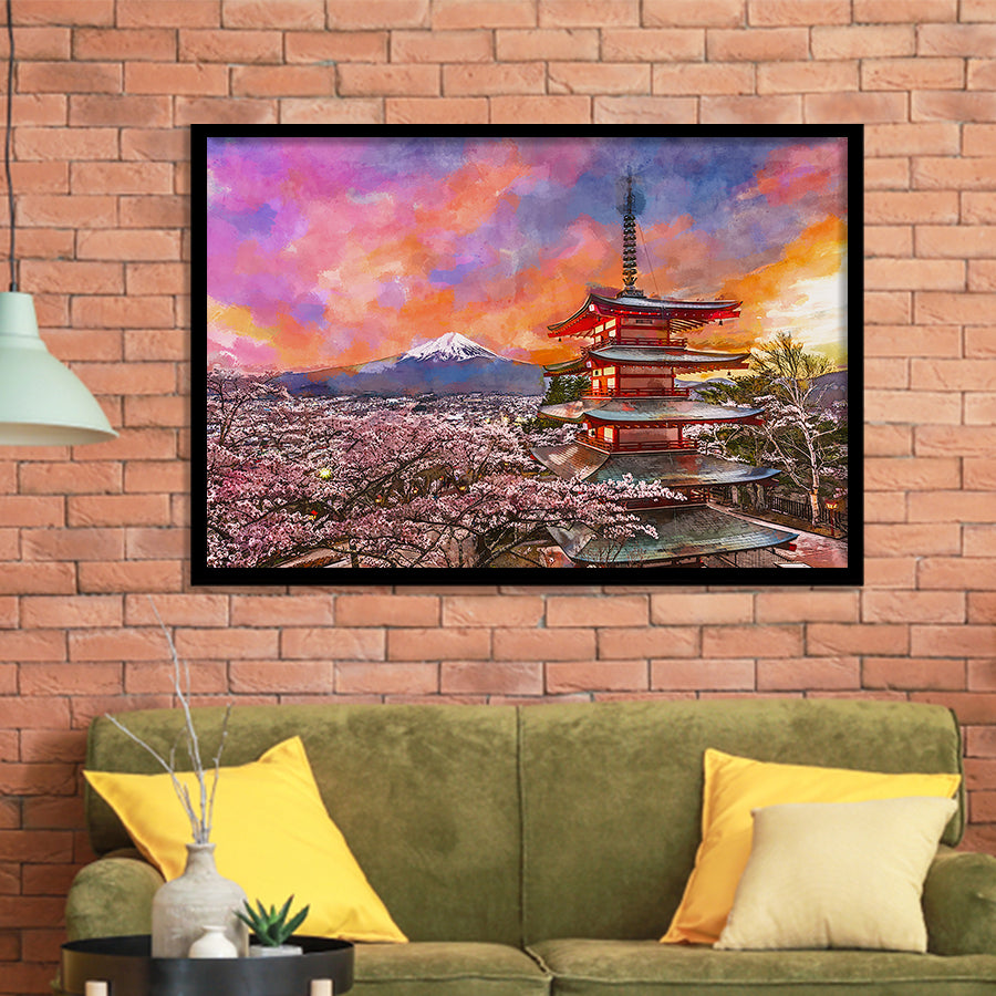 Fujiyoshida Japan Chureito Pagoda Mt Fuji City Art Watercolor Framed Art Prints Wall Art Decor,Framed Picture