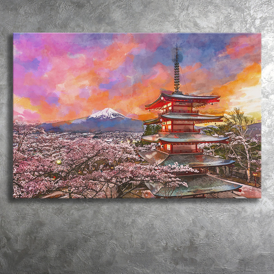 Fujiyoshida Japan Chureito Pagoda Mt Fuji City Art Watercolor Canvas Prints Wall Art Home Decor, Large Canvas