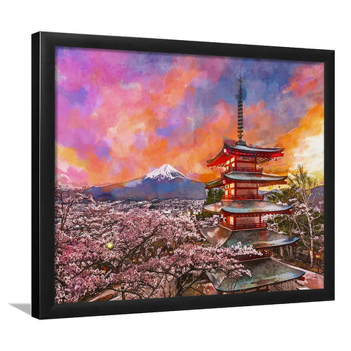 Fujiyoshida Japan Chureito Pagoda Mt Fuji City Art Watercolor Framed Art Prints Wall Art Decor,Framed Picture