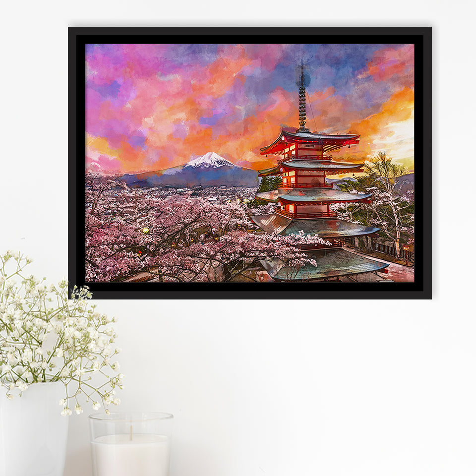 Fujiyoshida Japan Chureito Pagoda Mt Fuji City Art Watercolor Framed Canvas Prints Wall Art Home Decor,Floating Frame