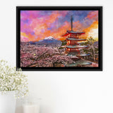 Fujiyoshida Japan Chureito Pagoda Mt Fuji City Art Watercolor Framed Canvas Prints Wall Art Home Decor,Floating Frame