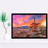 Fujiyoshida Japan Chureito Pagoda Mt Fuji City Art Watercolor Framed Art Prints Wall Art Decor,Framed Picture