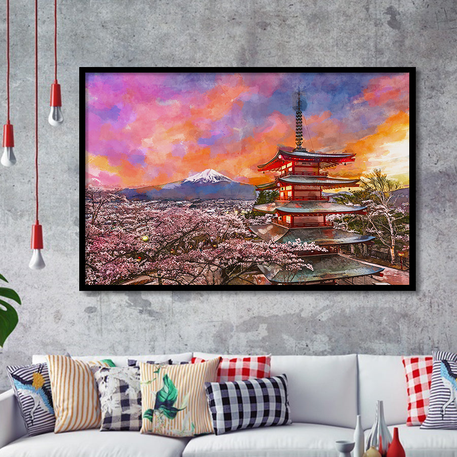Fujiyoshida Japan Chureito Pagoda Mt Fuji City Art Watercolor Framed Art Prints Wall Art Decor,Framed Picture