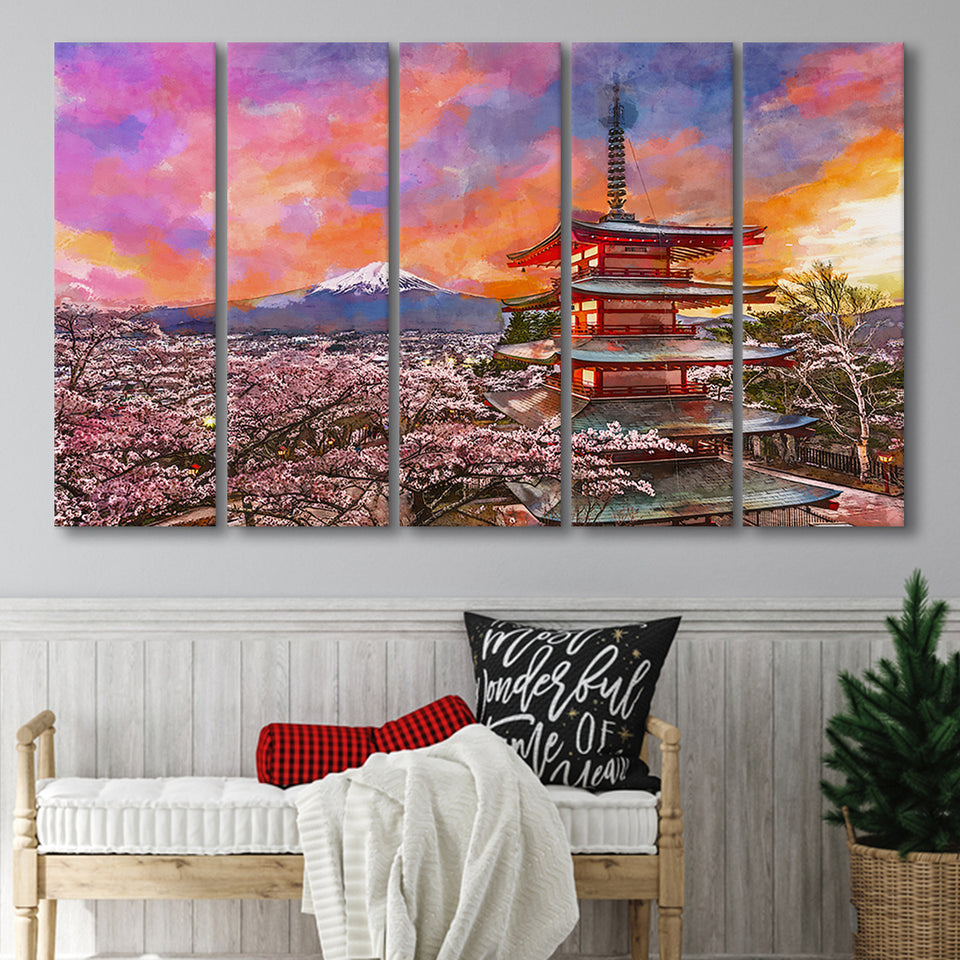 Fujiyoshida Japan Chureito Pagoda Mt Fuji 5 Pieces Extra Large Canvas Prints Wall Art Home Decor