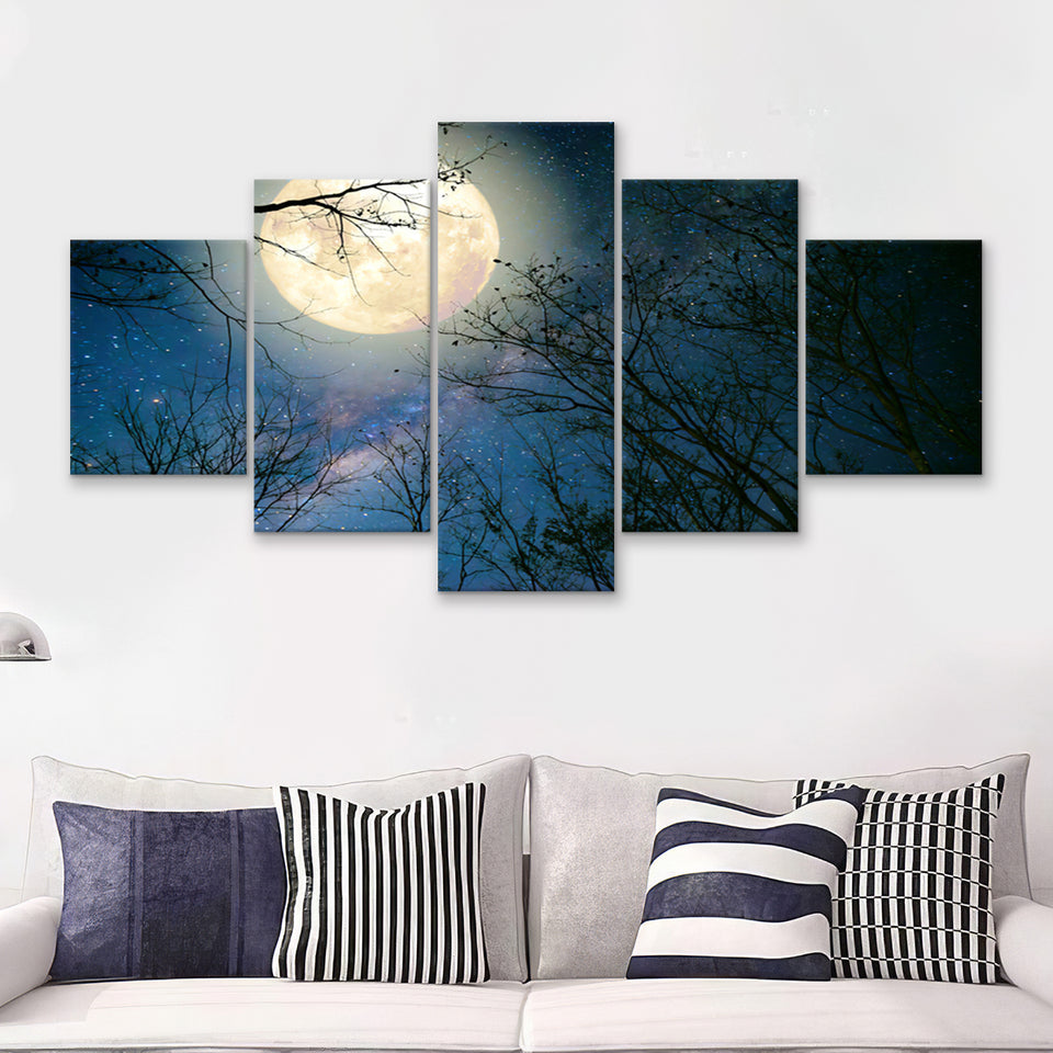 Full Moon And Old Tree On A Starry Night 5 Pieces Canvas Prints Wall Art - Painting Canvas, Multi Panels, Wall Decor