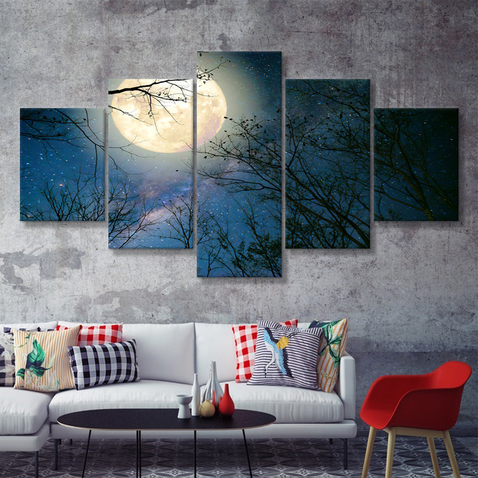 Full Moon And Old Tree On A Starry Night 5 Pieces Canvas Prints Wall Art - Painting Canvas, Multi Panels, Wall Decor