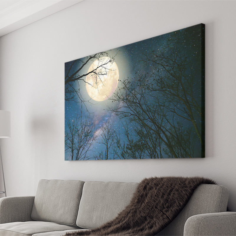 Full Moon And Old Tree On A Starry Night Canvas Prints Wall Art - Painting Canvas, Wall Decor, Home Decor, Prints for Sale