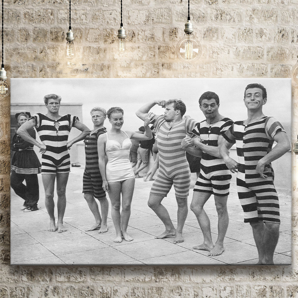 Funny Boys Flexing Muscles On The Beach Swimsuit Black And White Print, 1950'S Canvas Prints Wall Art Home Decor