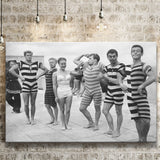 Funny Boys Flexing Muscles On The Beach Swimsuit Black And White Print, 1950'S Canvas Prints Wall Art Home Decor